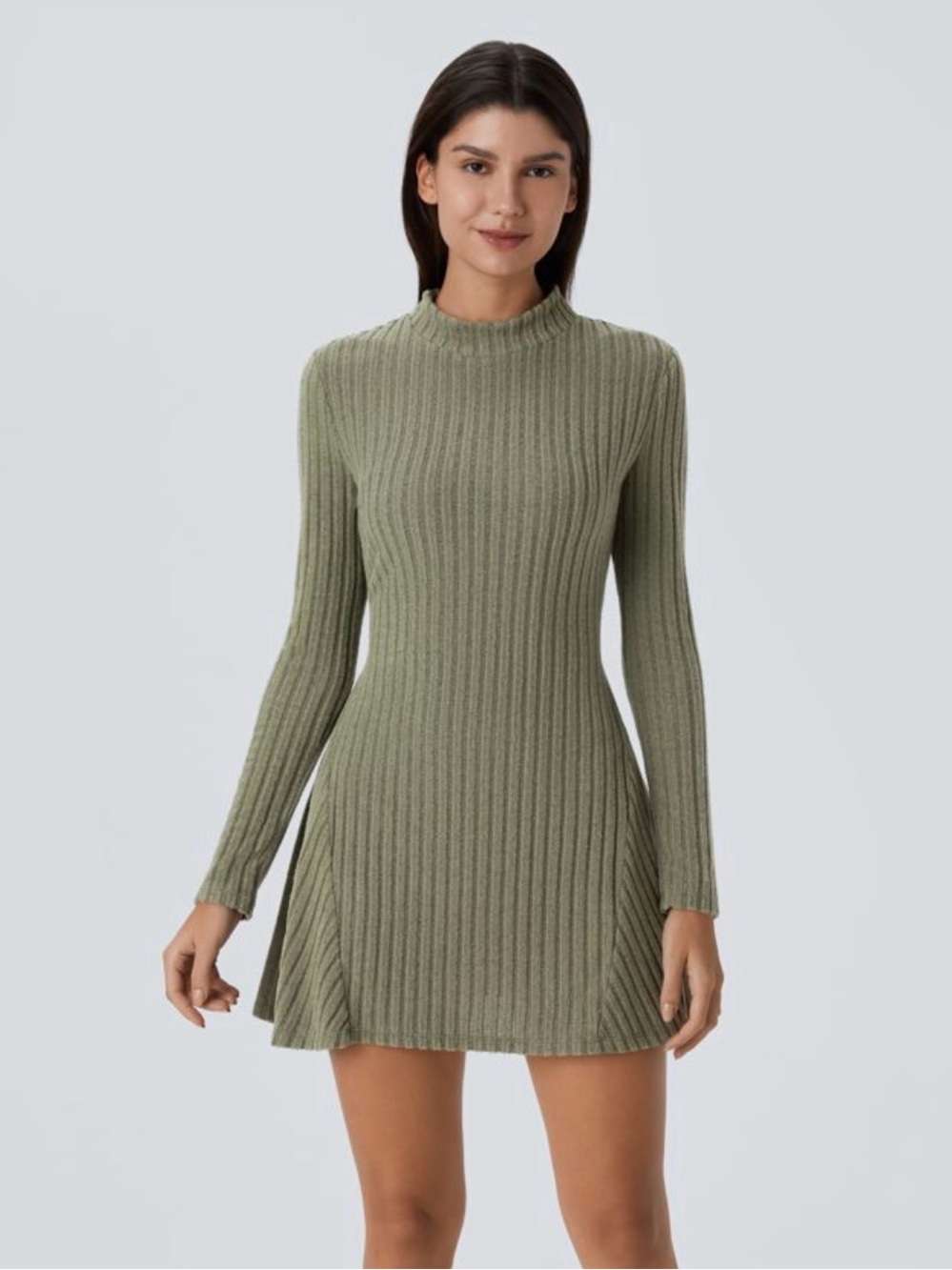 HALARA Olive Ribbed Long-Sleeve Mock-Neck Mini Dress